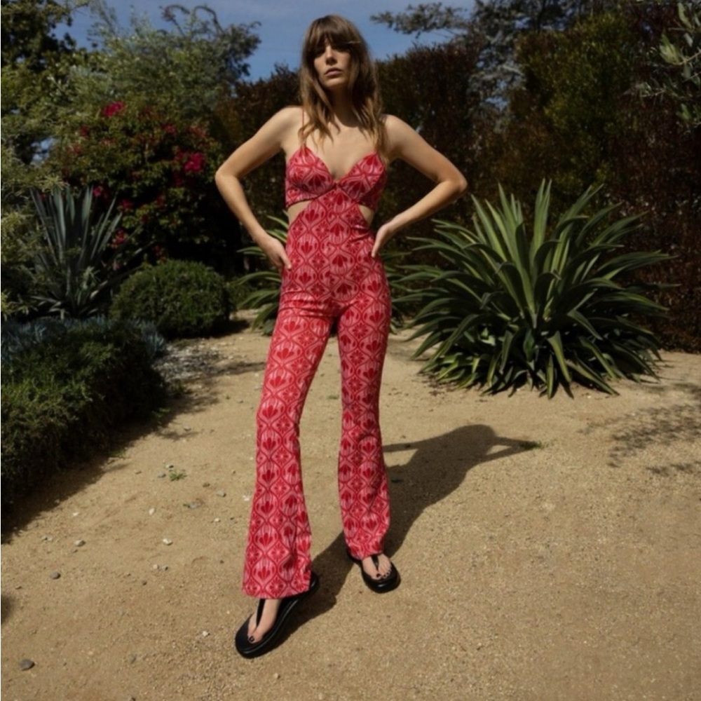 NWT Zara floral jacquard knit jumpsuit featuring cut-out sides & thin red straps